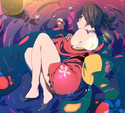 Rule 34 | 10s, 1girl, barefoot, bebebe (pepegakii), brown hair, choker, floral print, from above, full body, highres, japanese clothes, kimono, koutetsujou no kabaneri, looking at viewer, lying, mumei (kabaneri), off shoulder, on side, partially submerged, profile, ribbon, ribbon choker, ripples, short hair, short kimono, solo, water, yellow eyes