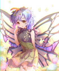 Rule 34 | 1girl, absurdres, animal, antennae, aqua hair, blue flower, blue rose, blush, bug, butterfly, butterfly wings, cowboy shot, dress, eternity larva, fairy, flower, green dress, hair between eyes, highres, insect, insect wings, leaf, leaf on head, littlepeace, multicolored clothes, multicolored dress, open mouth, pink flower, rose, short hair, short sleeves, solo, touhou, wings, yellow eyes, yellow flower
