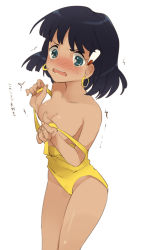 Rule 34 | 1990s (style), 1girl, aqua eyes, black hair, blush, breasts, cleavage, clothes pull, dark-skinned female, dark skin, earrings, fushigi no umi no nadia, hair ornament, hoop earrings, jewelry, maki (natoriumu), nadia la arwall, one-piece swimsuit, one-piece swimsuit pull, open mouth, retro artstyle, short hair, solo, sweatdrop, swimsuit, tan, translation request, trembling, wavy mouth, white background, yellow one-piece swimsuit