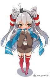 Rule 34 | 10s, 1girl, amatsukaze (kancolle), blush, brown dress, covered mouth, dress, from above, full body, fume, garter straps, hair tubes, hairband, hand to own mouth, kantai collection, kuritomo, legs apart, lifebuoy, long hair, long sleeves, looking away, looking to the side, red thighhighs, scarf, scarf over mouth, shadow, short dress, silver hair, simple background, sleeves past wrists, solo, standing, swim ring, thighhighs, twitter username, two side up, very long hair, white background, yellow eyes