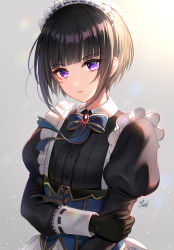 Rule 34 | 1girl, apron, backlighting, black gloves, black hair, black shirt, blue ribbon, brooch, buttons, closed mouth, collared shirt, commentary request, expressionless, frilled apron, frills, gloves, grey background, highres, idolmaster, idolmaster cinderella girls, idolmaster cinderella girls starlight stage, jewelry, juliet sleeves, light particles, long sleeves, looking at viewer, maid apron, maid headdress, mairo, neck ribbon, puffy sleeves, purple eyes, ribbon, shirayuki chiyo, shirt, short hair, sidelocks, signature, solo, standing, underbust, upper body, white apron