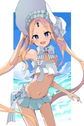 Rule 34 | 1girl, abigail williams (fate), abigail williams (swimsuit foreigner) (fate), abigail williams (swimsuit foreigner) (third ascension) (fate), bare shoulders, bikini, blonde hair, blue eyes, blue sky, blush, bonnet, bow, braid, braided hair rings, breasts, fate/grand order, fate (series), forehead, hair bow, hair rings, keyhole, long hair, looking at viewer, miniskirt, nanateru, navel, open mouth, parted bangs, sidelocks, skirt, sky, small breasts, smile, swimsuit, thighs, twin braids, twintails, very long hair, white bikini, white bow, white headwear