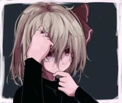 Rule 34 | 1girl, alternate costume, black shirt, blonde hair, blue background, bow, flipped hair, hair between eyes, hair bow, hair ribbon, hand in own hair, hand on own face, highres, lit ter, long sleeves, red bow, red eyes, red ribbon, ribbon, rumia, shirt, short hair, solo, touhou, upper body