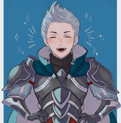 Rule 34 | 1boy, armor, collared shirt, closed eyes, fire emblem, fire emblem fates, grey hair, hands on own hips, highres, laughing, male focus, ninisanka 4, nintendo, open mouth, shirt, silas (fire emblem), solo, turtleneck, upper body