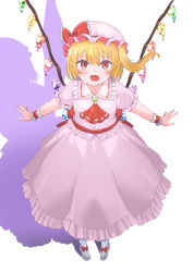 Rule 34 | 1girl, blonde hair, blouse, blush, brooch, commentary request, cosplay, different shadow, fang, flandre scarlet, footwear ribbon, foreshortening, from above, gem, green gemstone, hair between eyes, hat, hat ribbon, heart, highres, jewelry, looking at viewer, mob cap, one side up, open mouth, outstretched arms, pantyhose, pink hat, pink shirt, pink skirt, puffy short sleeves, puffy sleeves, red eyes, red neckwear, remilia scarlet, remilia scarlet (cosplay), remitei03, ribbon, shadow, shirt, short hair, short sleeves, simple background, skirt, skirt set, solo, spread arms, standing, touhou, white background, white footwear, white pantyhose, wings, wrist cuffs
