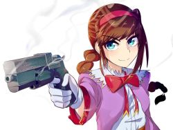 Rule 34 | 1girl, aliasing, artist request, blue eyes, braid, breasts, brown hair, closed mouth, coat, gloves, gun, hairband, long hair, red hairband, sidelocks, simple background, smile, solo, virginia maxwell, weapon, white background, wild arms, wild arms 3