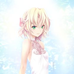 Rule 34 | 1girl, 5pb., aizawa kotarou, bare shoulders, blonde hair, bow, commentary, dress, english commentary, french commentary, from side, green eyes, hair bow, hair ribbon, highres, kagamigawa noelle, looking at viewer, memories off, memories off innocent fille, mixed-language commentary, pink ribbon, ribbon, sideways glance, signature, sleeveless, sleeveless dress, smile, solo, upper body, white dress