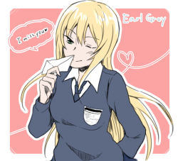 Rule 34 | 10s, 1girl, arm behind back, black necktie, blonde hair, blue sweater, character name, dress shirt, earl grey (girls und panzer), emblem, english text, envelope, girls und panzer, green eyes, heart, holding, long sleeves, looking at viewer, necktie, one eye closed, school uniform, shirt, smile, solo, st. gloriana&#039;s (emblem), st. gloriana&#039;s school uniform, standing, sweater, upper body, v-neck, white shirt, wing collar, yuuhi (arcadia)