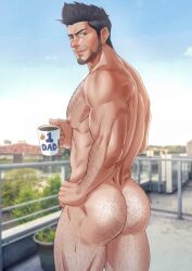 Rule 34 | 1boy, antiboo, arm hair, ass, bara, black hair, bleach, chest hair, cloud, completely nude, cup, day, facial hair, highres, holding, holding cup, kurosaki isshin, large pectorals, leg hair, male focus, mature male, muscular, muscular male, nipples, nude, outdoors, pectorals, short hair, sky, solo, thick thighs, thighs, twitter username