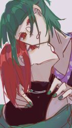 Rule 34 | 2others, adagumo no saragimaru, bite mark, biting, black shirt, chinese commentary, green hair, green jacket, green nails, gun4321, highres, jacket, japanese clothes, len&#039;en, multiple others, neck biting, partially undressed, ponytail, red eyes, red hair, shirt, shitodo hooaka, short hair, tongue, translation request