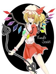 Rule 34 | 1girl, bare legs, blonde hair, character name, collar, crystal, demon wings, dress, female focus, flandre scarlet, frills, from behind, hat, holding, holding weapon, korican, looking at viewer, mob cap, red dress, red eyes, short hair, side ponytail, solo, stick, touhou, weapon, wings
