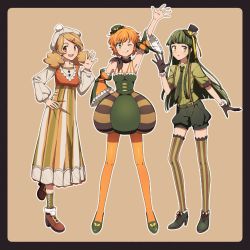 Rule 34 | 3girls, ;q, black border, blonde hair, border, brown eyes, detached sleeves, dress, gloves, green eyes, green hair, hand on own hip, hat, high heels, highres, low twintails, matsuki (mikipingpong), mini hat, mini top hat, multiple girls, necktie, one eye closed, open mouth, orange hair, orange legwear, original, pantyhose, shorts, smile, striped clothes, striped legwear, striped thighhighs, suspenders, thighhighs, tongue, tongue out, top hat, twintails, vertical-striped clothes, vertical-striped thighhighs, yellow eyes