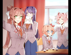 Rule 34 | + +, 4girls, :&gt;, :q, blue eyes, blue skirt, bow, breasts, brown hair, caffe0w0, chair, cleavage, commentary, covering own mouth, cupcake, curtains, day, doki doki literature club, eyes visible through hair, fang, fang out, flying sweatdrops, food, green eyes, grey jacket, hair bow, hair ornament, hair ribbon, hairclip, indoors, jacket, long hair, looking away, monika (doki doki literature club), multiple girls, natsuki (doki doki literature club), ok sign, pillarboxed, pink hair, ponytail, purple eyes, purple hair, red bow, red ribbon, ribbon, sayori (doki doki literature club), school uniform, short hair, skirt, smile, table, tongue, tongue out, v-shaped eyebrows, white ribbon, window, yuri (doki doki literature club)