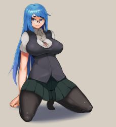 Rule 34 | 1girl, absurdres, black pantyhose, blue eyes, blue hair, breasts, closed mouth, collared shirt, commentary, full body, glasses, green skirt, grey background, grey vest, highres, kion-kun, kneeling, large breasts, long hair, looking at viewer, original, pantyhose, pleated skirt, round eyewear, shirt, short sleeves, simple background, skirt, solo, vest, white shirt, wing collar