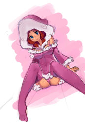 Rule 34 | 1girl, bare shoulders, blue eyes, blush, breasts, brown hair, detached sleeves, dress, dutch angle, hood, hoodie, ice climber, ice climbers, medium breasts, nana (ice climber), nintendo, panties, pink dress, pink panties, pink thighhighs, red hair, sho-n-d, simple background, sitting, smile, solo, spread legs, strapless, strapless dress, thighhighs, twintails, underwear, white background