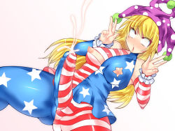 Rule 34 | 1girl, ahegao, blonde hair, blush, breasts, clownpiece, cum, cum in clothes, cum through clothes, double v, ejaculation, futanari, gradient background, handsfree ejaculation, hisui (stapspats), nipples, one breast out, pussy, solo, tagme, touhou, v