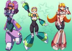 3girls absurdres alia_(mega_man) alternate_costume alternate_hairstyle android armor black_bodysuit blonde_hair blunt_bangs bodysuit breasts brown_bodysuit cosplay costume_switch covered_navel dark-skinned_female dark_skin detached_hair full_body green_armor hair_over_eyes headset highres jumping kotatuman_dash large_breasts layer_(mega_man) long_hair medium_breasts medium_hair mega_man_(series) mega_man_x8 mega_man_x_(series) multiple_girls pallette_(mega_man) pink_armor purple_hair robot_girl small_breasts twintails underboob