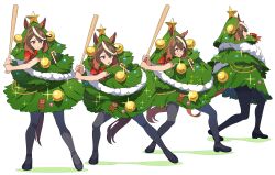 Rule 34 | 1girl, absurdres, animal ears, baseball bat, batting stance, black footwear, black pantyhose, bow, brown hair, candy, candy cane, christmas ornaments, christmas tree costume, clenched teeth, food, frown, full body, gingerbread man, high heels, highres, holding, holding baseball bat, horse ears, horse girl, horse tail, looking afar, multicolored hair, nishiki kazue, open mouth, pantyhose, purple eyes, red bow, sequential, shadow, sparkle, standing, streaked hair, symboli rudolf (christmas emperor tree) (umamusume), symboli rudolf (umamusume), tail, teeth, umamusume, v-shaped eyebrows, white background