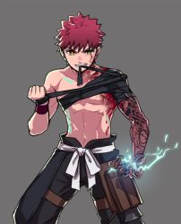 Rule 34 | 1boy, applechoc, angra mainyu (fate), bandages, bandaged arm, bandages, biting, blood, blood on face, emiya shirou, fate/grand order, fate/hollow ataraxia, fate (series), japanese clothes, limited/zero over, looking at viewer, male focus, red hair, senji muramasa (fate), topless male, simple background, tattoo, yellow eyes