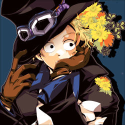 Rule 34 | 1boy, blonde hair, ascot, flower, gloves, goggles, goggles on head, goggles on headwear, hat, highres, male focus, one piece, sabo (one piece), scar, solo, surprised, top hat, wide-eyed