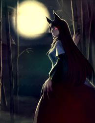 Rule 34 | 1girl, animal ears, bamboo, bamboo forest, breasts, brown hair, dress, envenomist (gengoroumaru), eyebrows, fingernails, forest, full moon, glowing, glowing eyes, imaizumi kagerou, long fingernails, long hair, long sleeves, monster girl, moon, nail polish, nature, red eyes, red nails, scarf, sharp fingernails, solo, touhou, very long hair, werewolf, wide sleeves, wolf ears