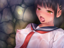 Rule 34 | 1girl, black hair, blush, breasts, covered erect nipples, crying, eyebrows, highres, jirou (chekoro), large breasts, looking away, natsuiro otome, nipples, open mouth, original, sailor collar, saliva, school uniform, see-through, serafuku, short hair, solo, tears, tongue, upper body, wet, wet clothes, yellow eyes