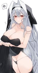 Rule 34 | 1girl, absurdres, arknights, bare arms, bare shoulders, black dress, black panties, breasts, chunta, cleavage, closed mouth, clothes lift, collarbone, covered erect nipples, cowboy shot, dress, dress lift, flying sweatdrops, grey hair, habit, highres, lifted by self, long hair, looking at viewer, nun, panties, red eyes, simple background, solo, specter (arknights), speech bubble, spoken squiggle, squiggle, strapless, strapless dress, underwear, very long hair, white background