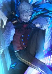 Rule 34 | 1boy, absurdres, black gloves, black pants, blue butterfly, blue cape, bug, butterfly, cape, cuff links, facial hair, fate/grand order, fate (series), gloves, green eyes, grey hair, hand up, highres, insect, james moriarty (archer) (fate), long sleeves, looking at viewer, male focus, mustache, pants, red neckwear, solo, suzuki rui, vest