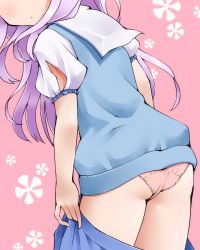 Rule 34 | 10s, 1girl, blue shirt, blue skirt, closed mouth, clothes pull, dr rex, facing viewer, head out of frame, long hair, panties, pink background, pink panties, pleated skirt, puffy short sleeves, puffy sleeves, purple hair, sailor collar, sengoku kamuri, shirt, short sleeves, skirt, skirt pull, slow start, solo, underwear, undressing, white sailor collar