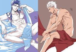 Rule 34 | 2boys, archer (fate), bed sheet, blue hair, closed mouth, come hither, covering privates, covering crotch, cu chulainn (caster) (fate), cu chulainn (fate), cu chulainn (fate/stay night), dark-skinned male, dark skin, earrings, fate/grand order, fate (series), jewelry, long hair, looking at viewer, male focus, manly, multiple boys, naked sheet, navel, nipples, red eyes, smile, smirk, white hair, yococco