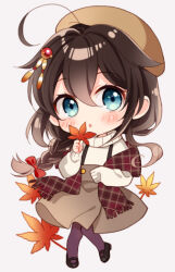Rule 34 | 1girl, ahoge, beret, black footwear, blue eyes, blush, braid, brown hair, brown hat, brown skirt, comiket 102, full body, hair flaps, hat, holding, holding leaf, kantai collection, leaf, long hair, long sleeves, maple leaf, naoto (tulip), pantyhose, parted lips, purple pantyhose, shigure (kancolle), shigure kai ni (kancolle), shirt, shoes, simple background, single braid, skirt, solo, white background, white shirt