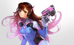 Rule 34 | 1girl, absurdres, animal print, arm at side, arm up, armor, bad id, bad twitter id, blue bodysuit, bodysuit, bracer, breasts, brown eyes, brown hair, character name, charm (object), closed mouth, d.va (overwatch), eyelashes, facepaint, facial mark, finger on trigger, gloves, gradient hair, gun, hand up, handgun, headphones, high collar, highres, holding, holding gun, holding weapon, long hair, looking at viewer, medium breasts, multicolored hair, nose, overwatch, overwatch 1, pauldrons, pilot suit, pink hair, rabbit print, rain yoo, ribbed bodysuit, shoulder armor, shoulder pads, simple background, skin tight, smile, solo, turtleneck, upper body, very long hair, weapon, whisker markings, white gloves