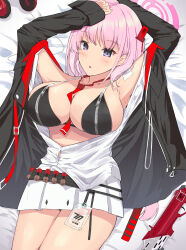 Rule 34 | 1girl, armpits, arms behind head, bed sheet, between breasts, bikini, bikini top only, bizen kurage, black coat, blue archive, breasts, cleavage, coat, collarbone, commentary request, eimi (blue archive), eyes visible through hair, gun, hair ornament, halo, highres, id card, large breasts, long sleeves, looking at viewer, lying, midriff, necktie, necktie between breasts, on back, open clothes, open coat, parted lips, pink hair, purple eyes, short hair, shotgun, shotgun shell, sidelocks, sleeveless, solo, spaghetti strap, swimsuit, triangle mouth, weapon, zipper