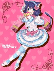 Rule 34 | 10s, 1girl, absurdres, animal ears, bad id, bad pixiv id, blue eyes, blue hair, blush, bow, box, box of chocolates, cat ears, cat tail, curly hair, cyan (show by rock!!), dress, fang, headband, heart, heart-shaped box, highres, kawa (masru), matching hair/eyes, open mouth, pink bow, pink scarf, ribbon, scarf, short hair, show by rock!!, solo, striped clothes, striped thighhighs, tail, thighhighs, valentine