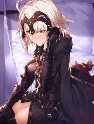 Rule 34 | 1girl, ahoge, bed, black cape, black dress, black legwear, blush, breasts, cape, chain, commentary request, commission, dress, fate/grand order, fate (series), fur-trimmed cape, fur trim, hand up, highres, ibuki notsu, jeanne d&#039;arc (fate), jeanne d&#039;arc alter (avenger) (fate), jeanne d&#039;arc alter (fate), large breasts, looking at viewer, nose blush, parted lips, pillow, short dress, silver hair, sitting, skeb commission, solo, thighs, vambraces, yellow eyes