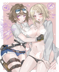 Rule 34 | 2girls, assisted exposure, black panties, blonde hair, blush, breasts, brown hair, censored, censored nipples, chibi, chibi inset, commentary request, commission, cowboy shot, denim, denim shorts, eyewear on head, fire low5996, girls&#039; frontline, gloves, grizzly mkv (girls&#039; frontline), heart, heart-shaped pupils, holster, large breasts, looking at viewer, mp40 (girls&#039; frontline), multiple girls, navel, negev (girls&#039; frontline), open clothes, open mouth, open shirt, panties, panty pull, purple eyes, red eyes, shirt, short hair, shorts, skeb commission, sunglasses, sweat, symbol-shaped pupils, tearing up, thigh holster, underwear, white shirt