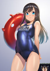 Rule 34 | 2girls, abyssal ship, asashio (kancolle), black hair, black one-piece swimsuit, blue eyes, blush, closed mouth, collarbone, cowboy shot, enemy lifebuoy (kancolle), groin, hair between eyes, headgear, kantai collection, long hair, looking at viewer, multiple girls, nagato (kancolle), name tag, old school swimsuit, one-piece swimsuit, open mouth, school swimsuit, shiny clothes, smile, solo focus, swimsuit, unowen