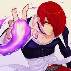 Rule 34 | 1boy, belt, choker, eyelashes, fire, hair over one eye, juu satoshi, looking at viewer, male focus, outstretched hand, purple fire, pyrokinesis, red eyes, red hair, solo, the king of fighters, yagami iori