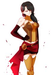 Rule 34 | 1girl, absurdres, armor, belt, black gloves, black hair, breasts, cinder fall, cleavage, cosplay, gloves, groin, hair over one eye, hand on own hip, highres, medium breasts, midriff, navel, parted lips, pyrrha nikos, pyrrha nikos (cosplay), red eyes, rwby, solo, twitter username, white background