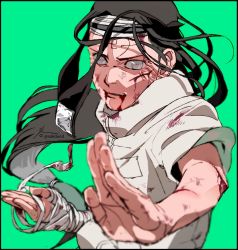 Rule 34 | 1boy, artist name, bandages, bandaged arm, bandages, black hair, blind, blood, blood from mouth, blood on face, blood on clothes, blood on hands, bruise, collar, collared shirt, commentary request, facial mark, fighting stance, green background, grey eyes, highres, hyuuga neji, injury, long hair, looking at viewer, male focus, naruto (series), parted lips, scratches, shirt, short sleeves, signature, simple background, solo, standing, twitter username, upper body, white shirt, zifletts