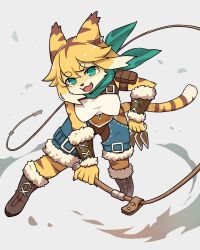 Rule 34 | 1girl, blonde hair, boots, brown hair, furry, furry female, green eyes, highres, mia (world flipper), multicolored hair, open mouth, solo, two-tone hair, whip, world flipper, yamane512