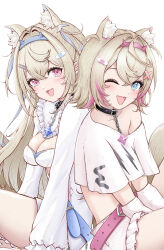 Rule 34 | 2girls, animal ear fluff, animal ears, bandaid, bandaid hair ornament, belt, belt collar, black collar, blonde hair, blue belt, blue hair, blush, breasts, collar, cropped shirt, dog ears, dog girl, dog tail, dress, fang, frilled shorts, frills, fuwawa abyssgard, fuwawa abyssgard (1st costume), hair ornament, hairpin, highres, hololive, hololive english, long hair, looking at viewer, medium breasts, medium hair, mococo abyssgard, mococo abyssgard (1st costume), multicolored hair, multiple girls, one eye closed, open mouth, pink belt, pink hair, shirt, short dress, short shorts, shorts, siblings, sidelocks, sisters, skin fang, small breasts, smile, spiked collar, spikes, streaked hair, tail, tomozoo83, twins, two side up, virtual youtuber, white background, white dress, white shirt, x hair ornament