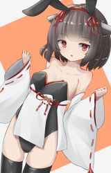 Rule 34 | 1girl, :o, animal ears, bad id, bad pixiv id, bare shoulders, black hair, black leotard, black thighhighs, breasts, collarbone, commentary request, grey background, groin, hairband, headgear, highres, leotard, long sleeves, looking at viewer, orange background, parted lips, rabbit ears, red eyes, red hairband, ribbon-trimmed sleeves, ribbon trim, sleeves past wrists, small breasts, solo, strapless, strapless leotard, thighhighs, touhoku kiritan, two-tone background, voiceroid, white sleeves, wide sleeves, yusake san