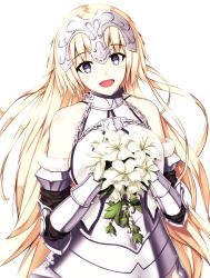 Rule 34 | 1girl, armor, bare shoulders, blonde hair, blue eyes, blush, bouquet, enchuu, fate/grand order, fate (series), flower, headpiece, highres, holding, holding bouquet, jeanne d&#039;arc (fate), jeanne d&#039;arc (ruler) (fate), jeanne d&#039;arc (third ascension) (fate), long hair, open mouth, smile, solo