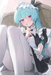 Rule 34 | 1girl, absurdres, blue eyes, blue hair, blue nails, blush, commission, grin, highres, looking at viewer, maid, maid headdress, original, pantyhose, pink hair, sitting, skeb commission, smile, solo, sooon, virtual youtuber, white pantyhose