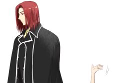 Rule 34 | 1boy, 1other, ambiguous gender, arm up, black robe, cassock, closed mouth, commentary request, from side, habit, height difference, kimura shiki, male focus, medium hair, petite, priest, red eyes, red hair, robe, simple background, stiyl magnus, tall, tall male, toaru majutsu no index, tsukuyomi komoe, upper body, white background