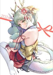 Rule 34 | 1girl, 2024, animal, animal hug, arm ribbon, back bow, backless leotard, bare arms, bare shoulders, black ribbon, bow, breasts, chinese knot, chinese zodiac, collar, dragon, dragon girl, dragon horns, dragon tail, floral print, flower, flower knot, frilled skirt, frills, from side, gradient eyes, green eyes, green hair, hair flower, hair ornament, hair scrunchie, horn ornament, horns, leotard, light smile, long hair, looking at viewer, medium breasts, multicolored eyes, ne-on, original, pointy ears, ponytail, red ribbon, red skirt, ribbon, scrunchie, sidelocks, skirt, sleeveless, solo, tail, thick eyelashes, thighhighs, very long hair, white background, white collar, white leotard, white thighhighs, year of the dragon, yellow bow, yellow scrunchie