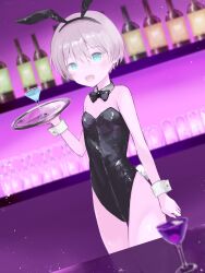 1girl alternate_costume animal_ears bar_(place) bare_legs black_bow black_bowtie black_leotard blue_eyes bottle bow bowtie breasts cocktail_glass cup detached_collar drinking_glass dutch_angle grey_hair highres kantai_collection leotard playboy_bunny rabbit_ears rabbit_tail short_hair small_breasts standing strapless strapless_leotard suihell tail tray wrist_cuffs z1_leberecht_maass_(kancolle)