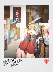 Rule 34 | 1girl, amane misa, apple, blonde hair, character name, death note, drawing (object), food, fruit, hands on own cheeks, hands on own face, jacket, jnkku, long hair, long sleeves, looking at viewer, maid headdress, photo (object), polaroid, poster (object), red jacket, short twintails, sleeves past wrists, solo, twintails, upper body, yagami light, yellow eyes