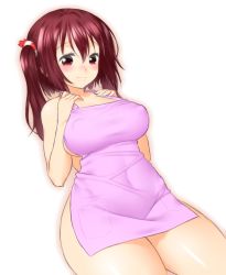 Rule 34 | 10s, 1girl, apron, blush, breasts, covered erect nipples, covered navel, ebina nana, female focus, gradient background, hair ornament, himouto! umaru-chan, large breasts, long hair, naked apron, onsoku inu, plump, red eyes, red hair, simple background, solo, thick thighs, thighs, twintails, wavy mouth, wide hips